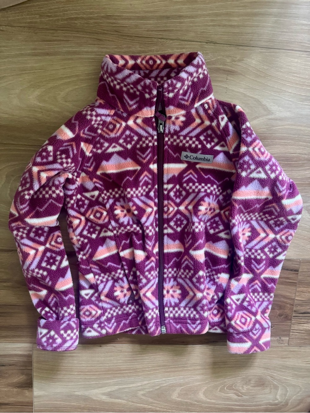 Columbia Girls' Burgundy, Pink, and White Geo Fleece Jacket